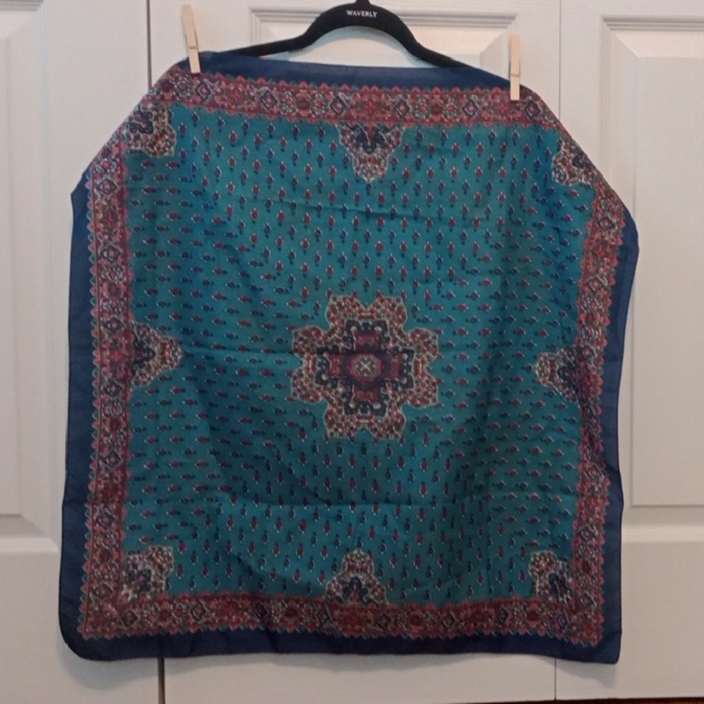 Vintage Teal and Red Patterned Scarf - Square
